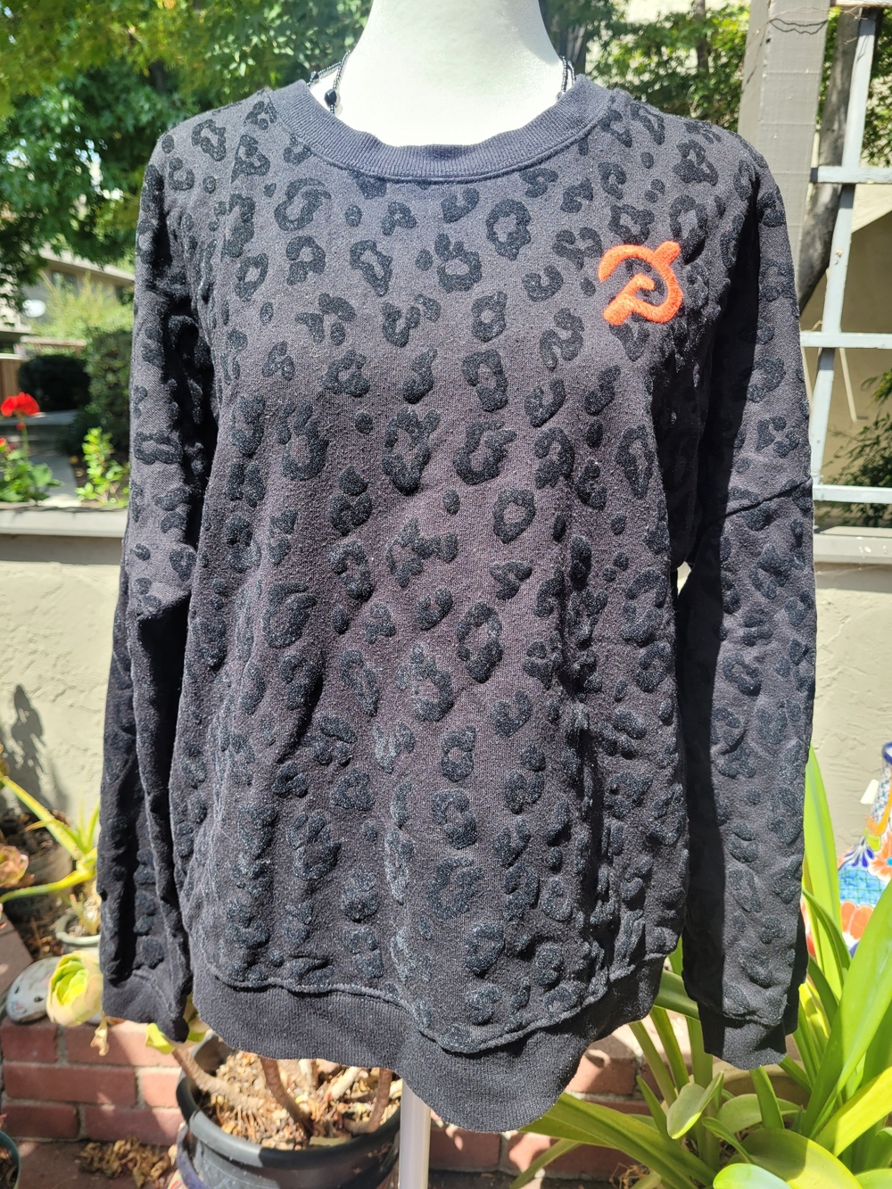 Peloton Black Leopard-Print Crewneck Sweater with Orange Logo